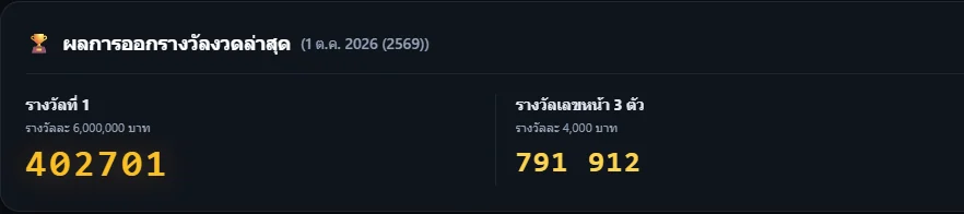 หน้าจอ HUAY 2.0 PRO แสดงผลสลากกินแบ่งรัฐบาลงวดวันที่ 1 ตุลาคม 2569 รางวัลที่ 1 และรางวัลเลขหน้า 3 ตัว